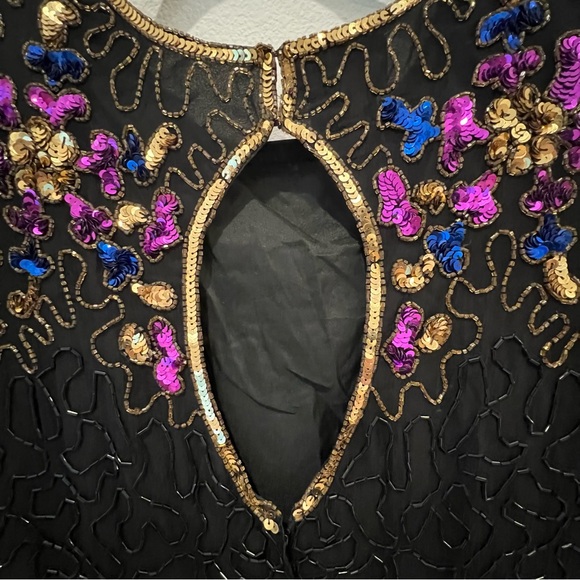 Vtg Sténay Black Gold Beaded Sequin Trophy Dress Silk India Size Xl Holidays - Picture 12 of 16